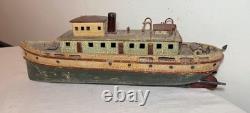 Modèle de bateau remorqueur en bois sculpté fait main, art populaire antique rare