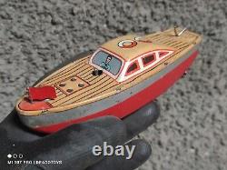 Modèle de jouet de bateau rapide vintage en bois fait main avec de grandes pièces lourdes en métal