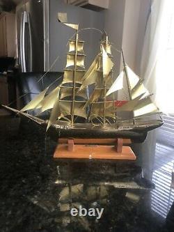 Solid Brass Vintage Sail Boat Ship Model Nautical The USA Eagle W Wood Stand