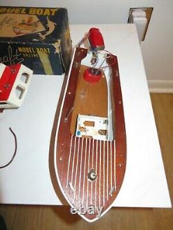 Vintage Lang Craft Model Wood Boat Avec Flying Scott Hors-bord Dans La Boîte D'origine