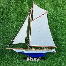 Voilier à voile Columbia bleu - Modèle de bateau en bois de 27 pouces - Maquette de bateau faite à la main - Décoration cadeau